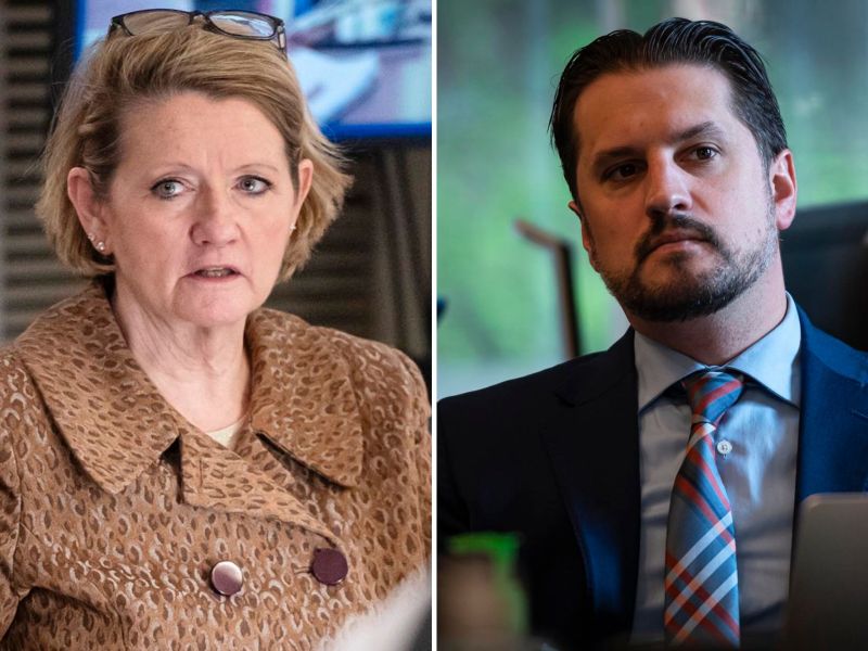 Two people are shown in separate images side by side. The woman on the left looks serious, and the man on the right wears a suit and tie, appearing thoughtful.