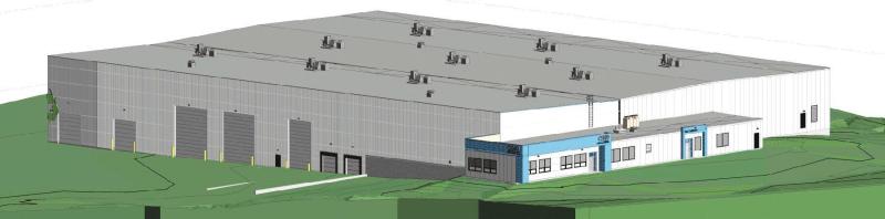 Rendering of a large industrial warehouse with multiple docks and a small attached office section, situated on a grassy hillock.