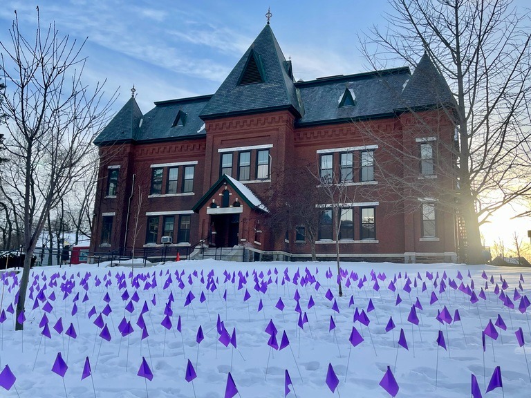 A building with purple flags in the snow.