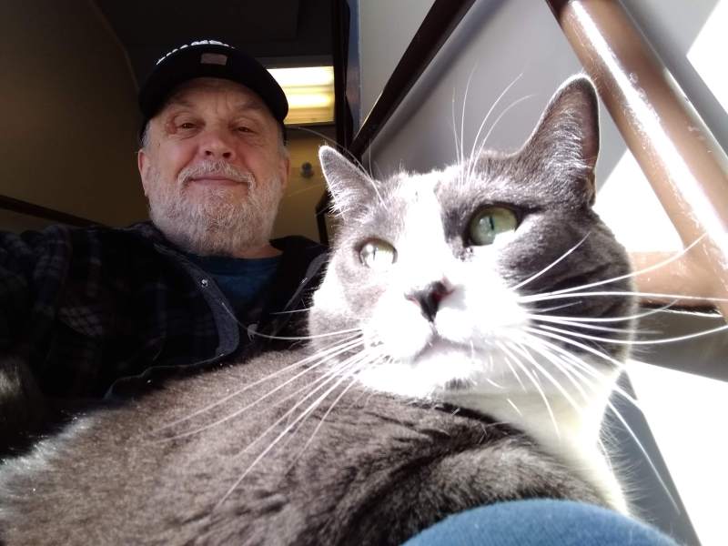 An older man in a cap sits on stairs next to a gray and white cat, both facing toward the sunlight.