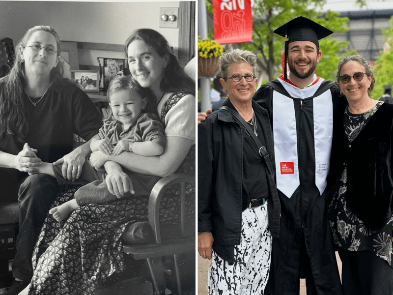 A black-and-white photo of two women and a child on the left; a color photo of the same women with an adult in graduation attire on the right.