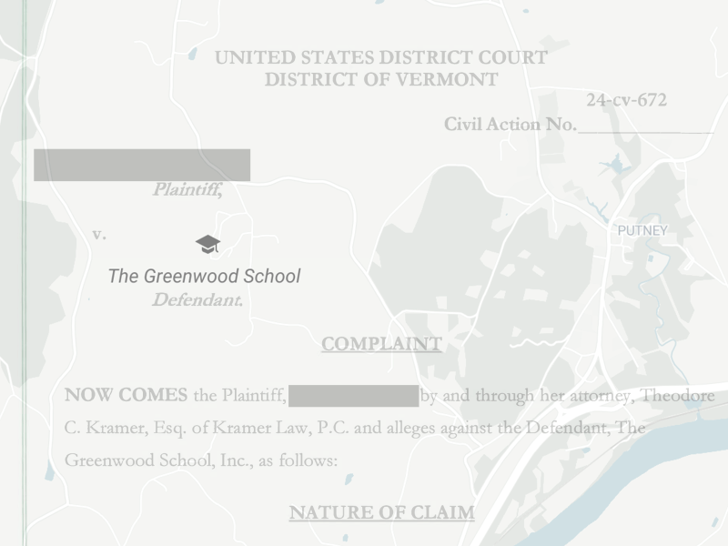 A legal document map showing the location of The Greenwood School as the defendant in a Vermont district court case, with plaintiffs' names redacted for privacy.